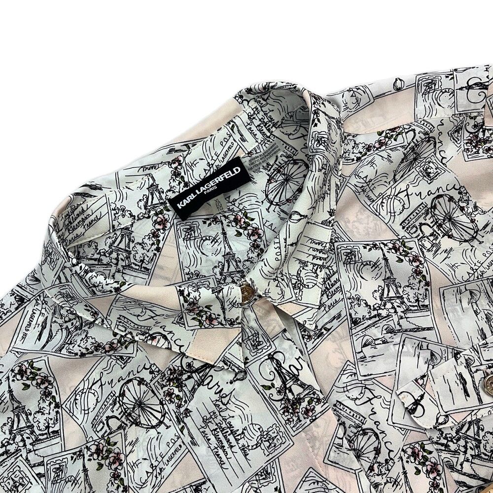 Karl Lagerfeld Paris Women’s XL Long Sleeve Blouse Blush Pink Postal Stamps EUC